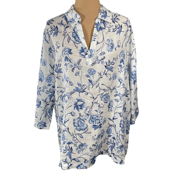 New Cynthia Rowley Floral Tunic Top Blouse Size 1X Linen Blue White - Picture 1 of 8